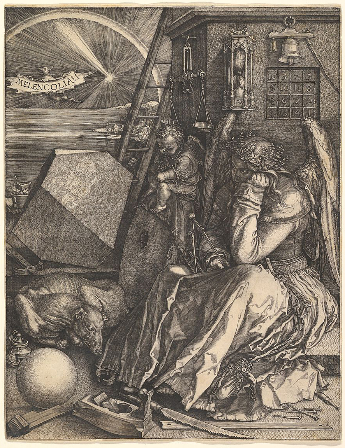 Albrecht Dürer (German, 1471–1528), Melencolia I, 1514, engraving, 9-7/16 × 7-5/16 inches. Anonymous loan