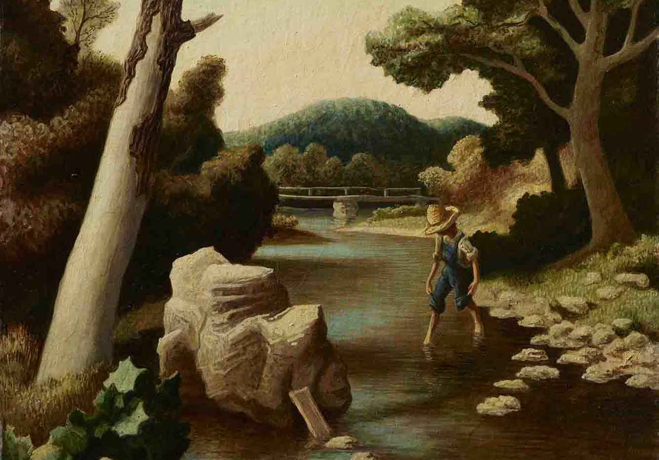 Thomas Hart Benton (American, 1889–1975), Shallow Creek, 1938–39, oil and Egg tempera on canvas mounted on board, 36 x 25 inches. Bequest of James R. and Barbara R. Palmer, 2019.31. © 2021 T.H. and R.P. Benton Trusts / Licensed by Artists Rights Society (ARS), New York