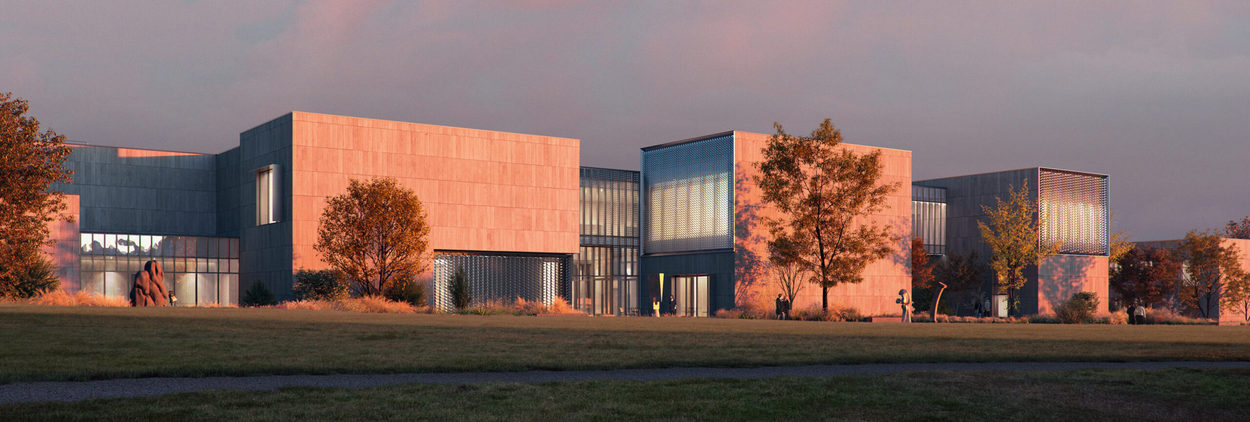 The new Palmer Museum of Art at Penn State. View from the Overlook Pavilion in the Arboretum. Architect: Allied Works. Rendering: Courtesy of MIR.