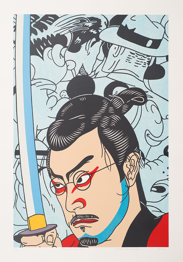 Roger Shimomura, Kansas Samurai, 2004, lithograph, 44¾ x 31 inches. Palmer Museum of Art, Purchased with funds provided by the Sidney and Helen S. Friedman Endowment, 2018.12, © Roger Shimomura