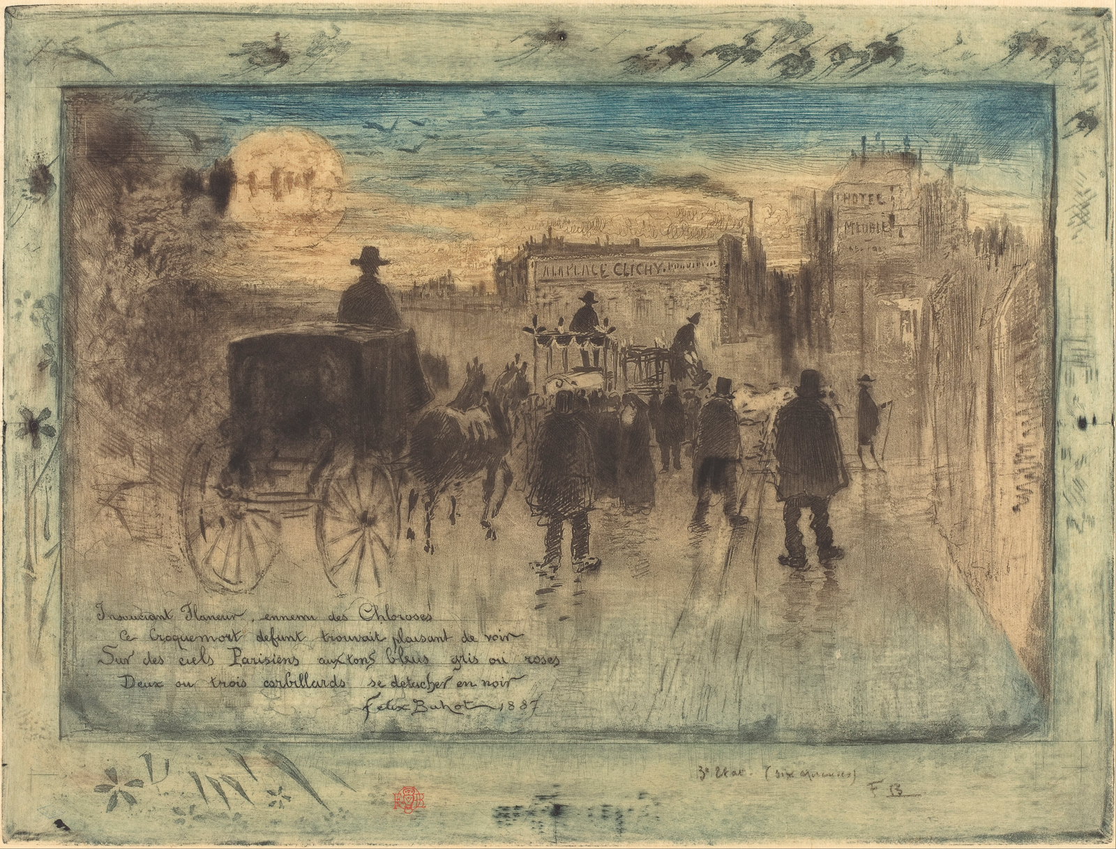 Félix Buhot, Convoi Funèbre au Boulevard de Clichy (Funeral Procession on the Boulevard de Clichy), 1887, etching, drypoint, aquatint, roulette, soft ground, and lift ground over heliogravure, second state of three, 14 1/8 x 19 inches. Private collection