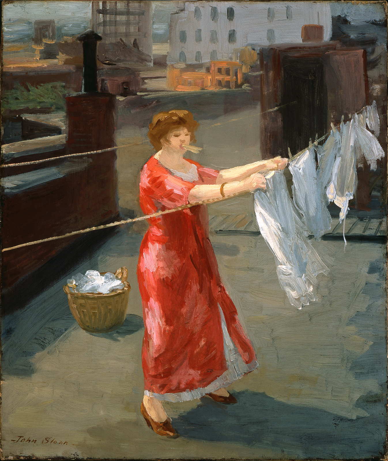 John Sloan, Red Kimono on the Roof, 1912, oil on canvas, 24 x 20 inches. Indianapolis Museum of Art at Newfields, James E. Roberts Fund, 54.55