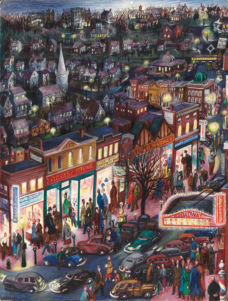 Lucille Corcos, Everybody’s Downtown, 1948, tempera on board, 14 ½ x 11 1/8 inches. Collection of David and Susan Werner