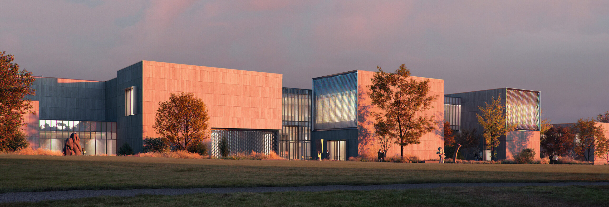 The new Palmer Museum of Art at Penn State. View from the Overlook Pavilion in the Arboretum. Architect: Allied Works. Rendering: Courtesy of MIR.