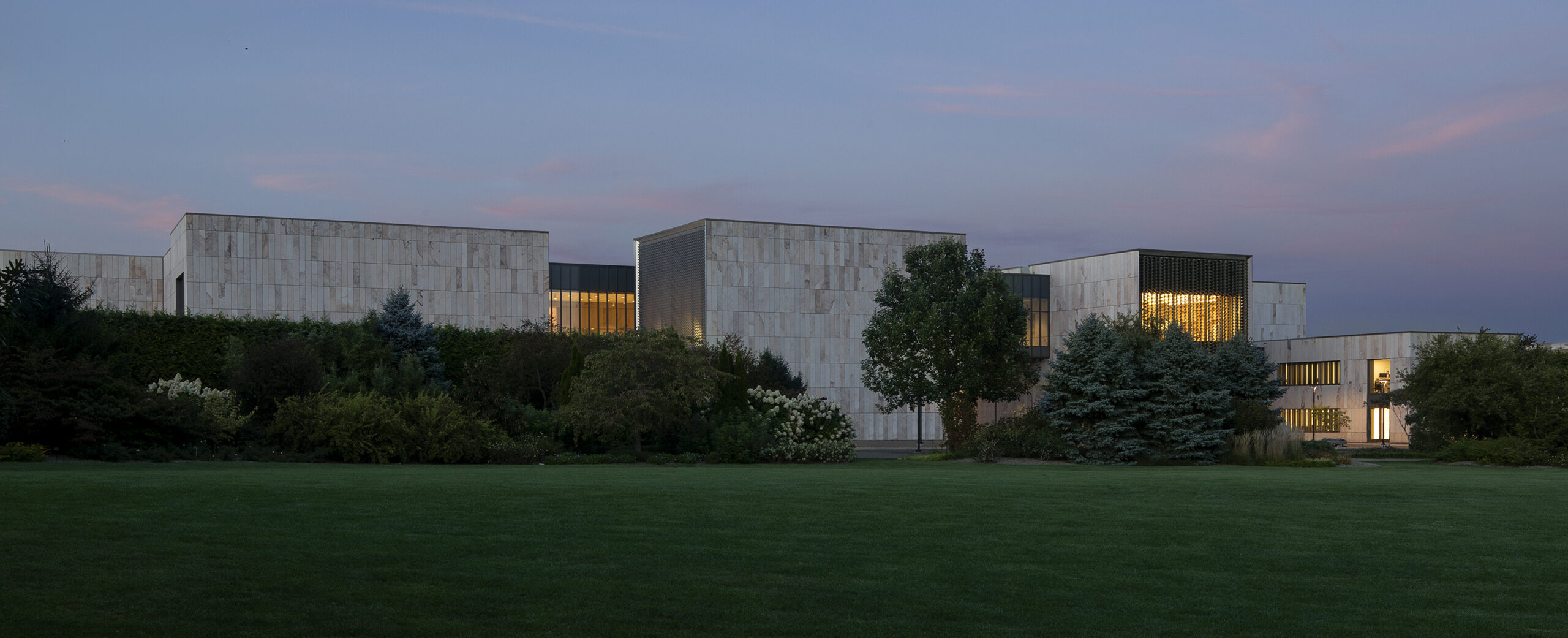Dusk view of new Palmer Museum of Art
