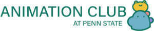 Green text logo that says "Animation Club at Penn State." At right is a graphic of a smiling yellow frog sitting on the head of a blue dinosaur.